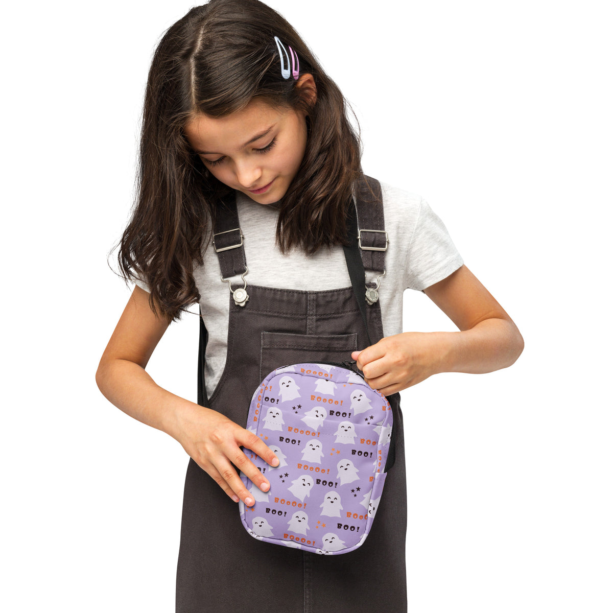 Girls Purple Ghost Halloween Crossbody Bag – Water Resistant Mini Purse With Adjustable Strap & Pockets