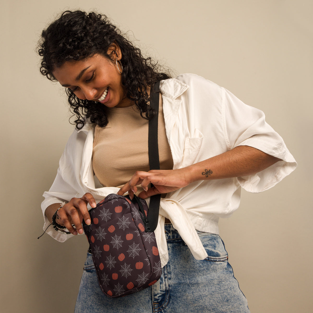 Pumpkin Spiderweb Halloween Crossbody Bag – Water Resistant Mini Purse With Adjustable Strap & Pockets