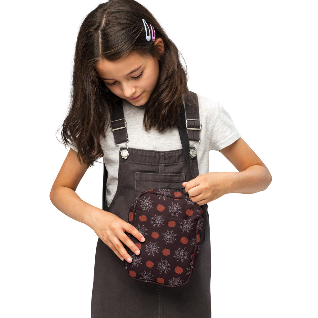 Girls Pumpkin Spiderweb Halloween Crossbody Bag – Water Resistant Mini Purse With Adjustable Strap & Pockets