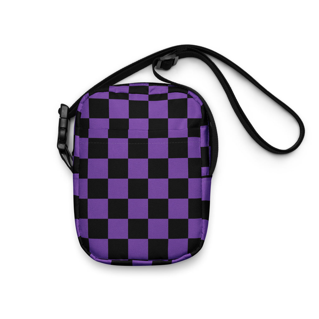 Purple Checkered Halloween Crossbody Bag – Water Resistant Mini Purse With Adjustable Strap & Pockets