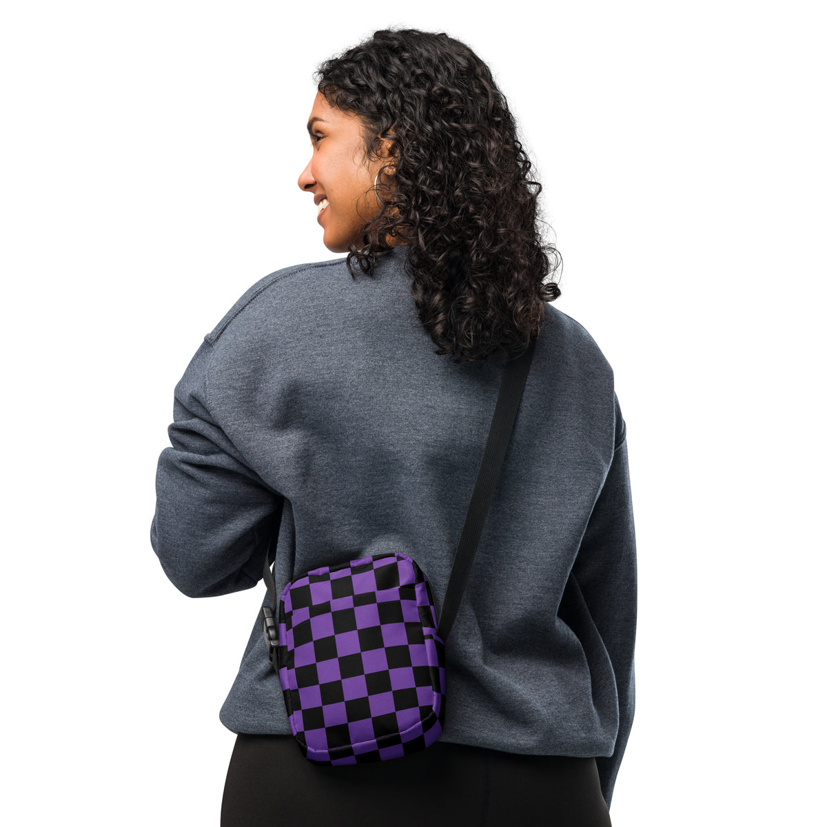 Purple Checkered Halloween Crossbody Bag – Water Resistant Mini Purse With Adjustable Strap & Pockets