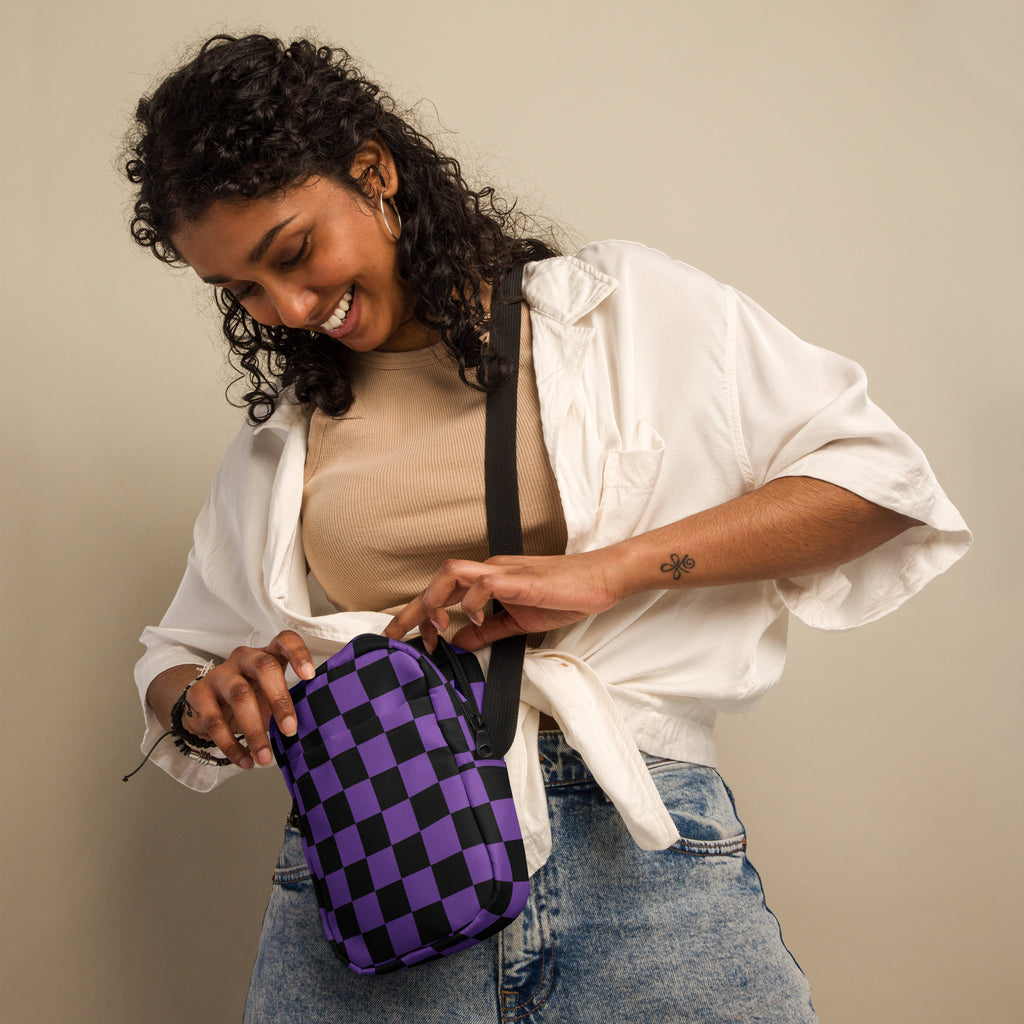 Purple Checkered Halloween Crossbody Bag – Water Resistant Mini Purse With Adjustable Strap & Pockets