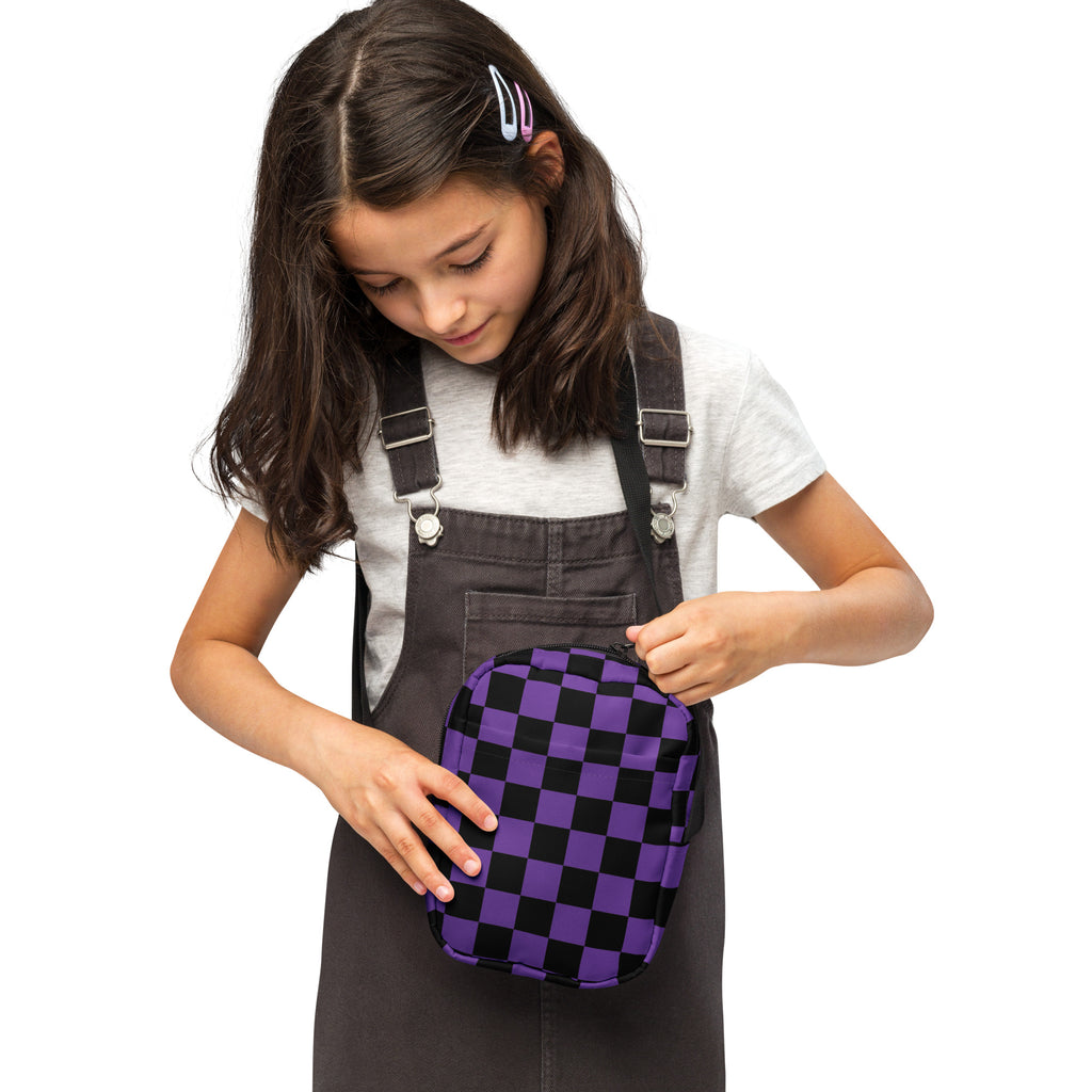 Girls Purple Checkered Halloween Crossbody Bag – Water Resistant Mini Purse With Adjustable Strap & Pockets