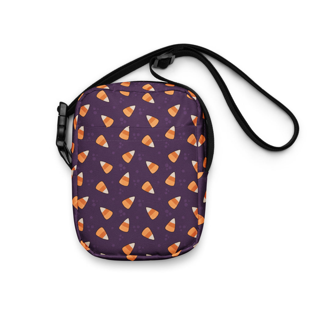 Purple Candy Corn Halloween Crossbody Bag – Water Resistant Mini Purse With Adjustable Strap & Pockets