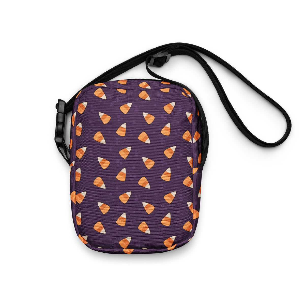 Purple Candy Corn Halloween Crossbody Bag – Water Resistant Mini Purse With Adjustable Strap & Pockets