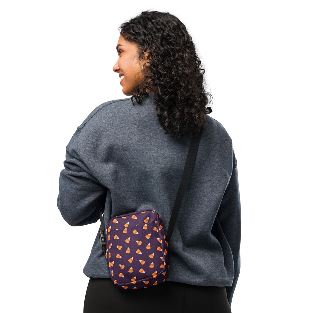 Purple Candy Corn Halloween Crossbody Bag – Water Resistant Mini Purse With Adjustable Strap & Pockets