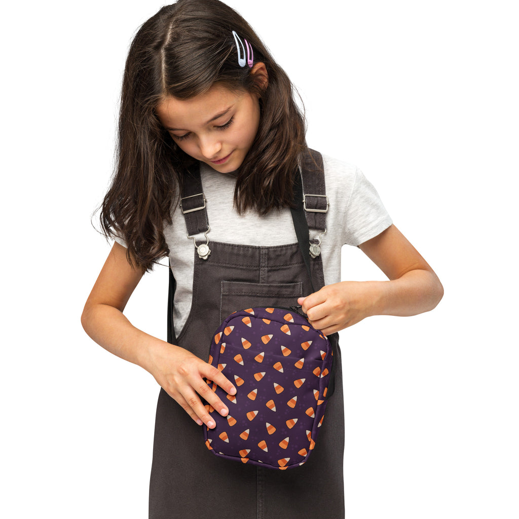 Girls Purple Candy Corn Halloween Crossbody Bag – Water Resistant Mini Purse With Adjustable Strap & Pockets