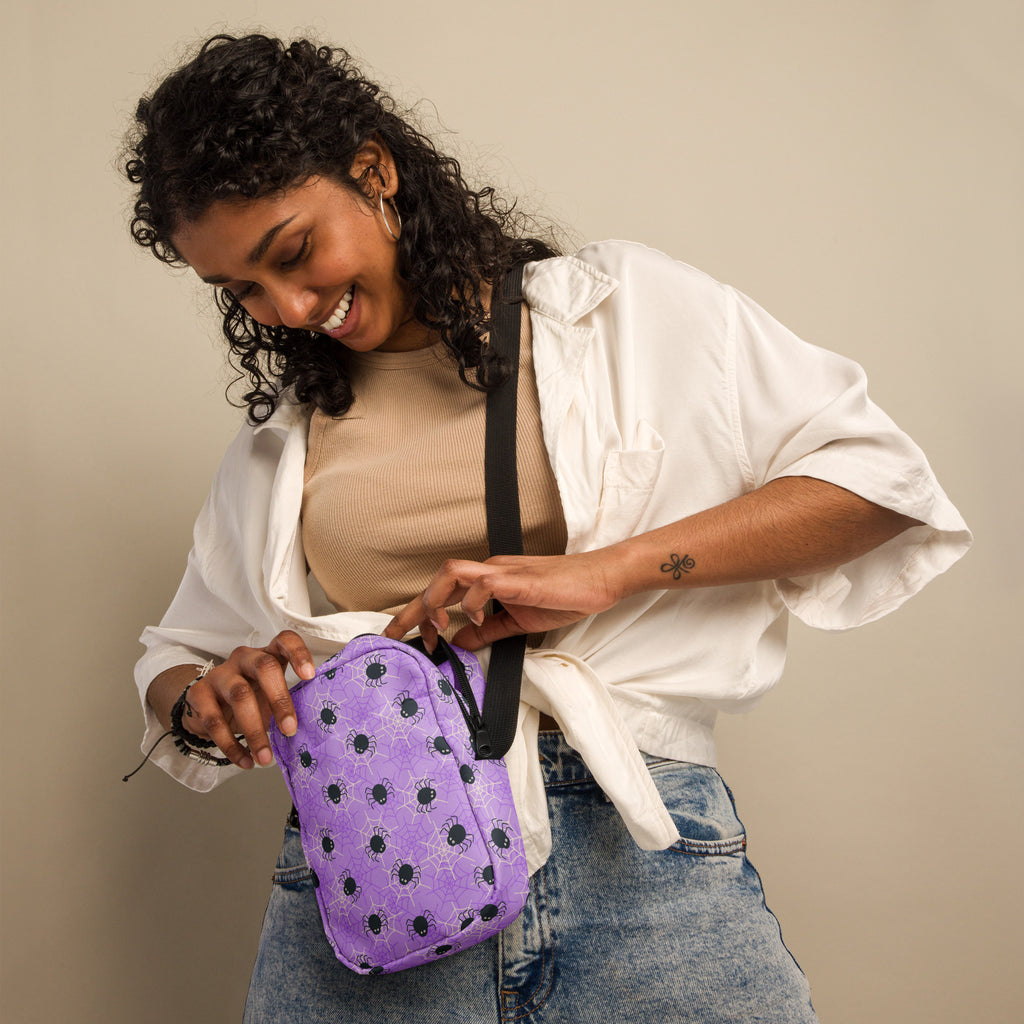 Purple Spider Web Halloween Crossbody Bag – Water Resistant Mini Purse With Adjustable Strap & Pockets