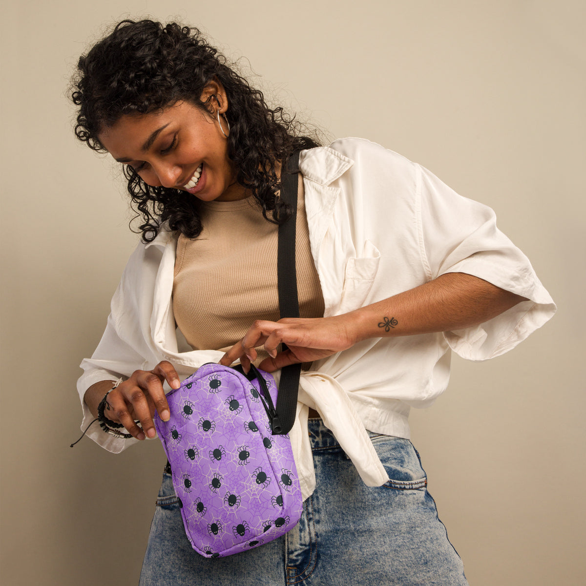 Purple Spider Web Halloween Crossbody Bag – Water Resistant Mini Purse With Adjustable Strap & Pockets