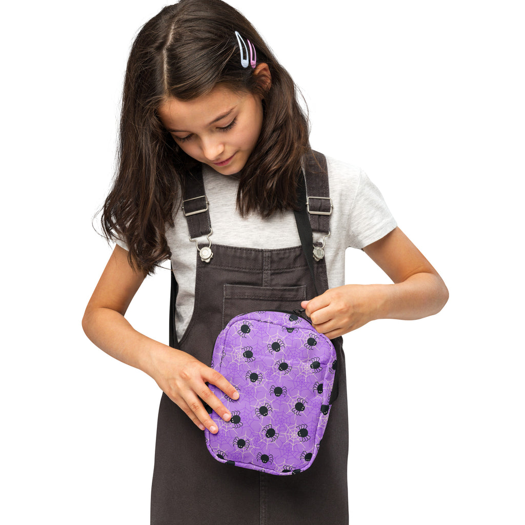 Girls Purple Spider Web Halloween Crossbody Bag – Water Resistant Mini Purse With Adjustable Strap & Pockets