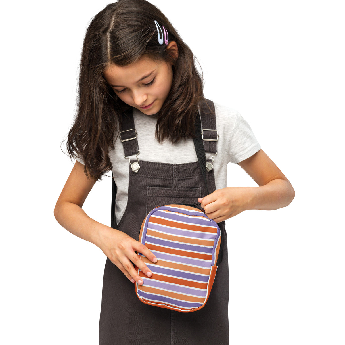 Girls Purple Orange Striped Halloween Crossbody Bag – Water Resistant Mini Purse With Adjustable Strap & Pockets