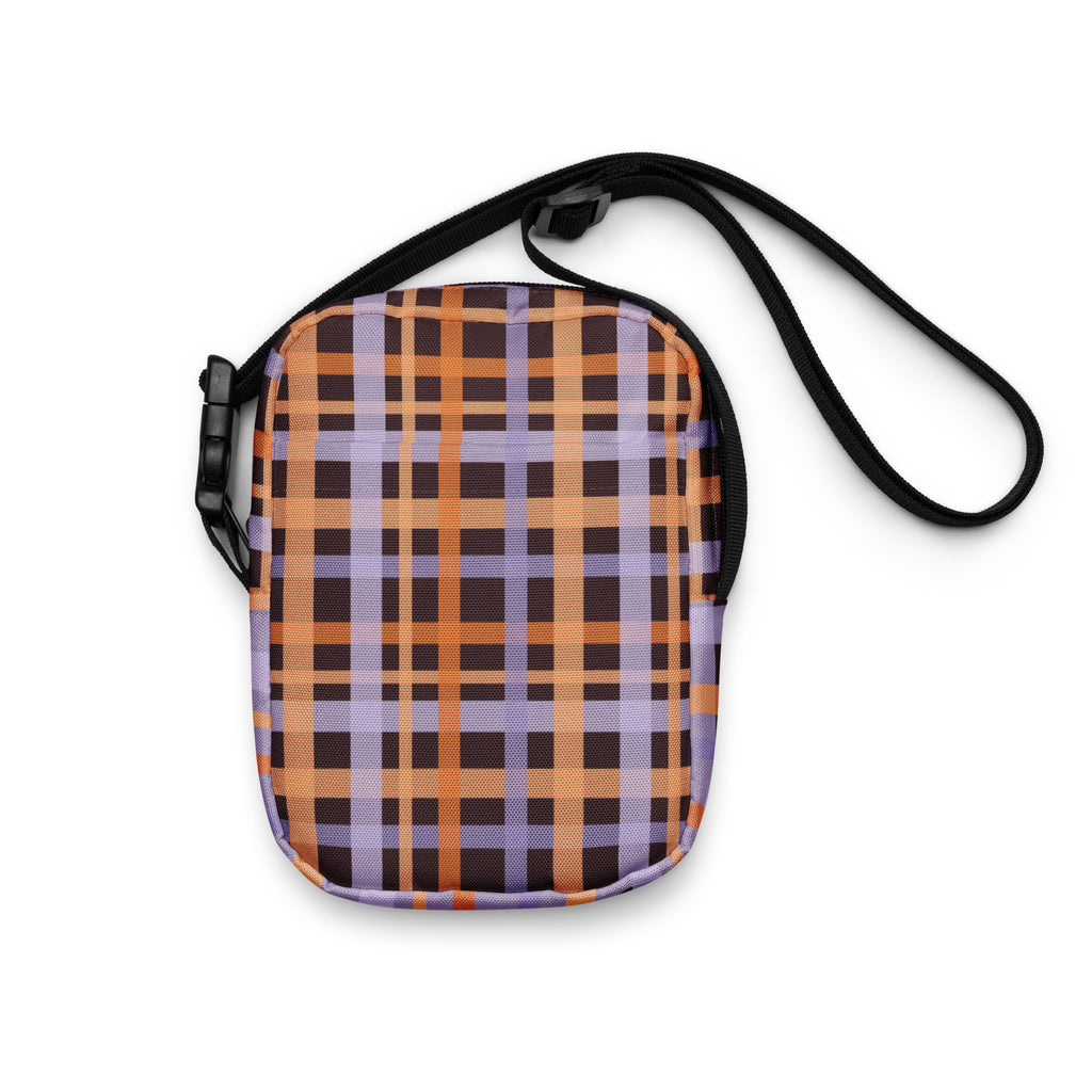 Orange & Purple Plaid Halloween Crossbody Bag – Water Resistant Mini Purse With Adjustable Strap & Pockets