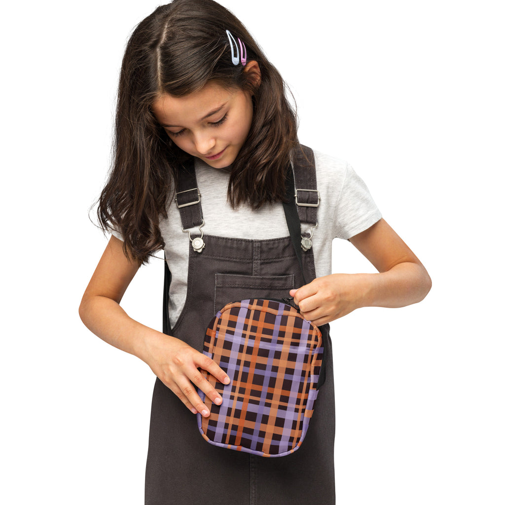 Girls Orange & Purple Plaid Halloween Crossbody Bag – Water Resistant Mini Purse With Adjustable Strap & Pockets