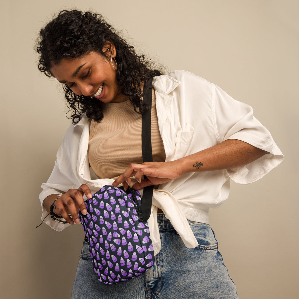 Purple Candy Corn Halloween Crossbody Bag – Water Resistant Mini Purse With Adjustable Strap & Pockets