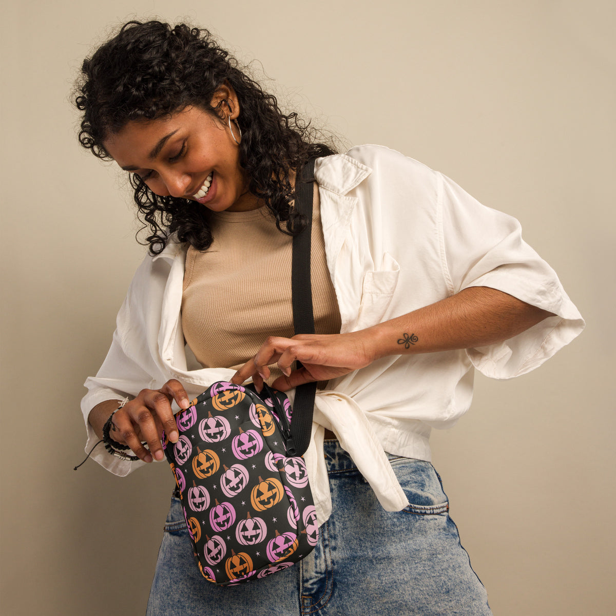 Pink & Orange Pumpkin Halloween Crossbody Bag – Water Resistant Mini Purse With Adjustable Strap & Pockets