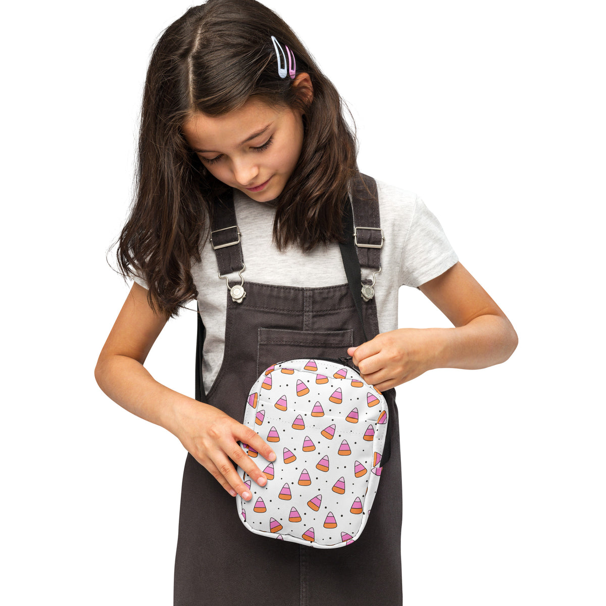 Girls Pink Orange Candy Corn Halloween Crossbody Bag – Water Resistant Mini Purse With Adjustable Strap & Pockets
