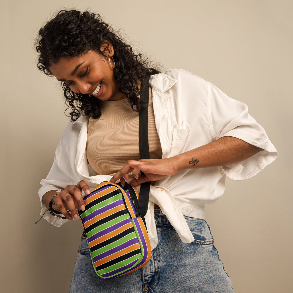 Halloween Striped Crossbody Bag – Water Resistant Mini Purse With Adjustable Strap & Pockets