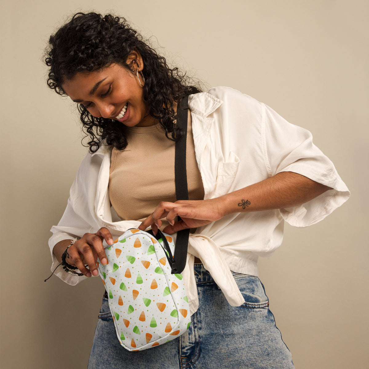 Orange & Green Candy Corn Halloween Crossbody Bag – Water Resistant Mini Purse With Adjustable Strap & Pockets
