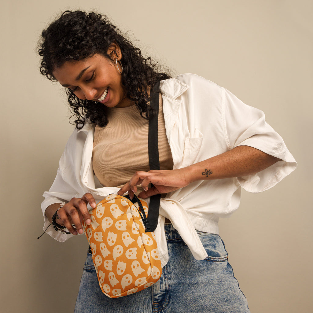 Orange Ghosts Halloween Crossbody Bag – Water Resistant Mini Purse With Adjustable Strap & Pockets