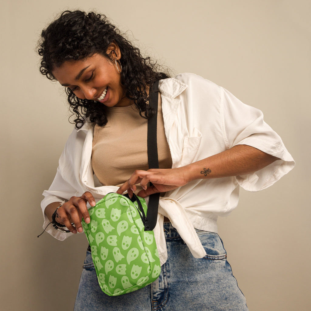 Green Ghosts Halloween Crossbody Bag – Water Resistant Mini Purse With Adjustable Strap & Pockets