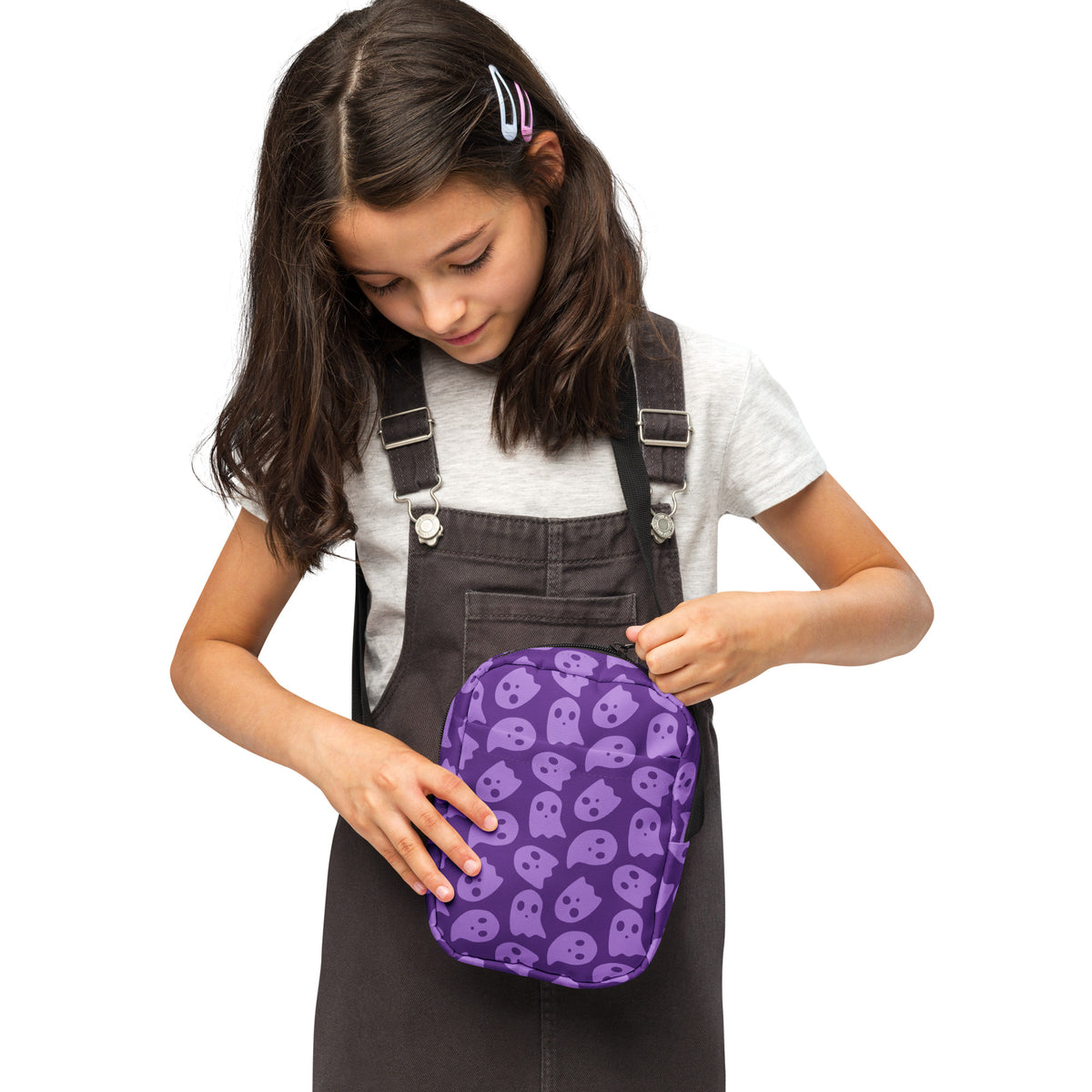 Girls Purple Ghosts Halloween Crossbody Bag – Water Resistant Mini Purse With Adjustable Strap & Pockets