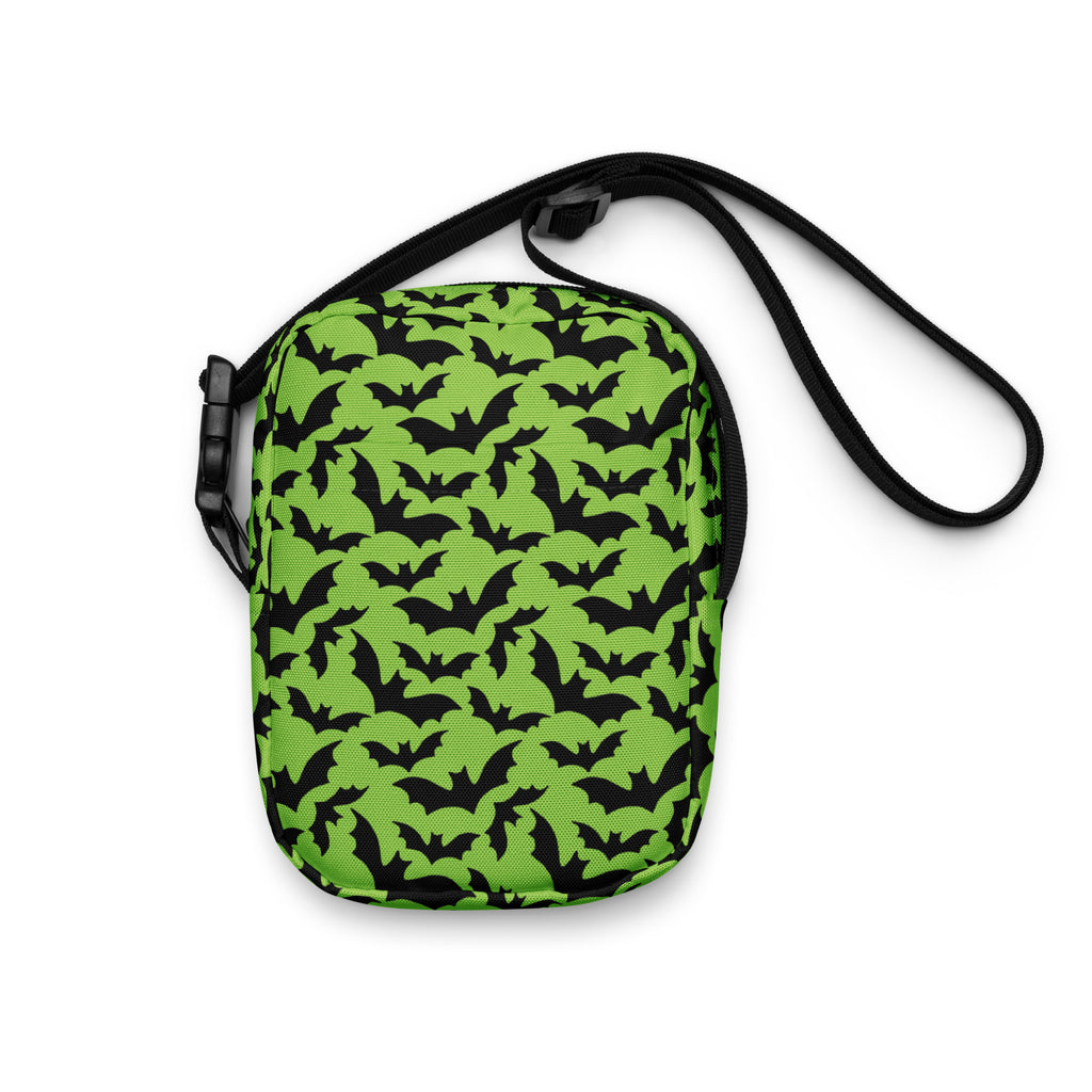 Green Bats Halloween Crossbody Bag – Water Resistant Mini Purse With Adjustable Strap & Pockets