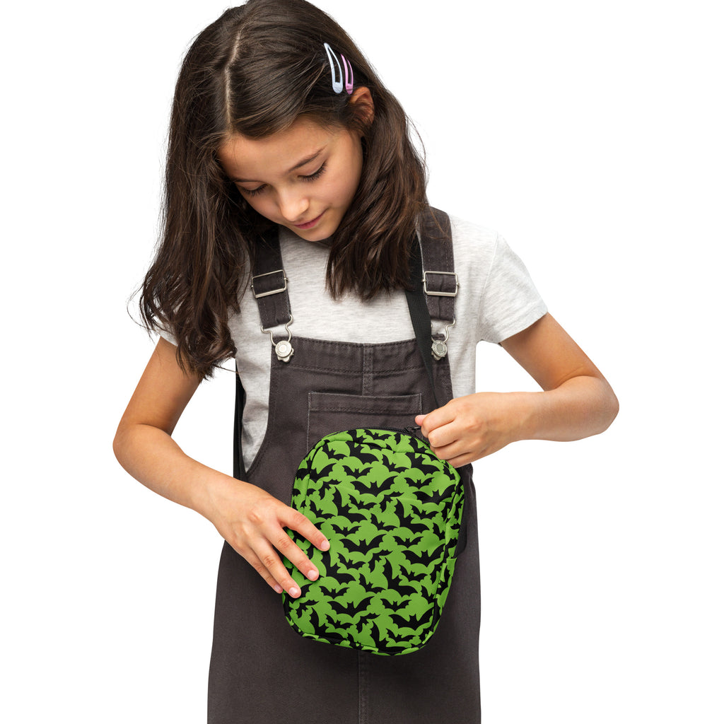 Girls Green Bats Halloween Crossbody Bag – Water Resistant Mini Purse With Adjustable Strap & Pockets