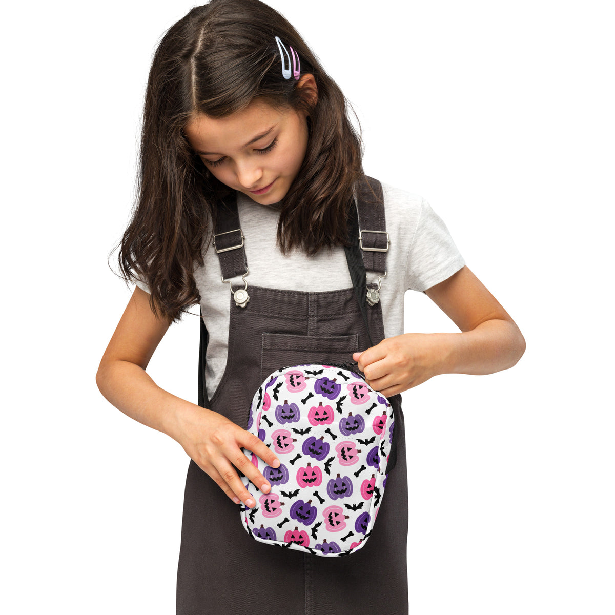 Girls Pink & Purple Pumpkin Halloween Crossbody Bag – Water Resistant Mini Purse With Adjustable Strap & Pockets