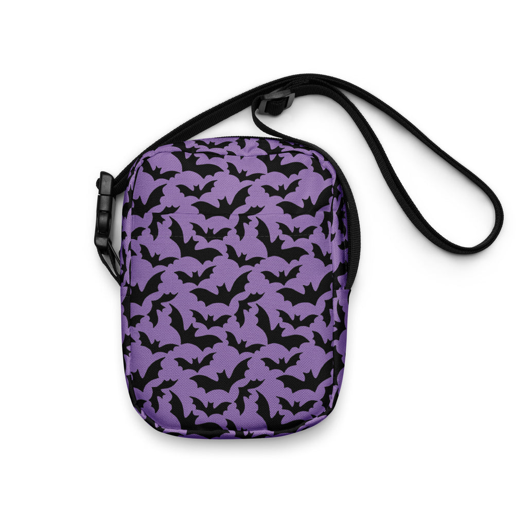 Dark Purple Bats Halloween Crossbody Bag – Water Resistant Mini Purse With Adjustable Strap & Pockets