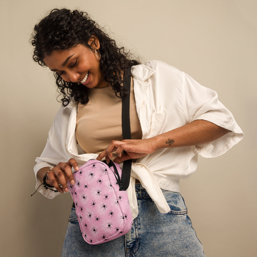 Pink Spiderweb Halloween Crossbody Bag – Water Resistant Mini Purse With Adjustable Strap & Pockets