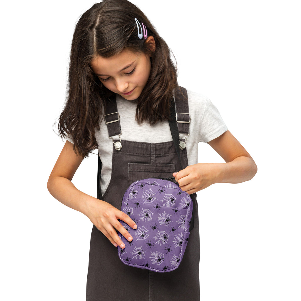 Girls Dark Purple Spider Web Halloween Crossbody Bag – Water Resistant Mini Purse With Adjustable Strap & Pockets
