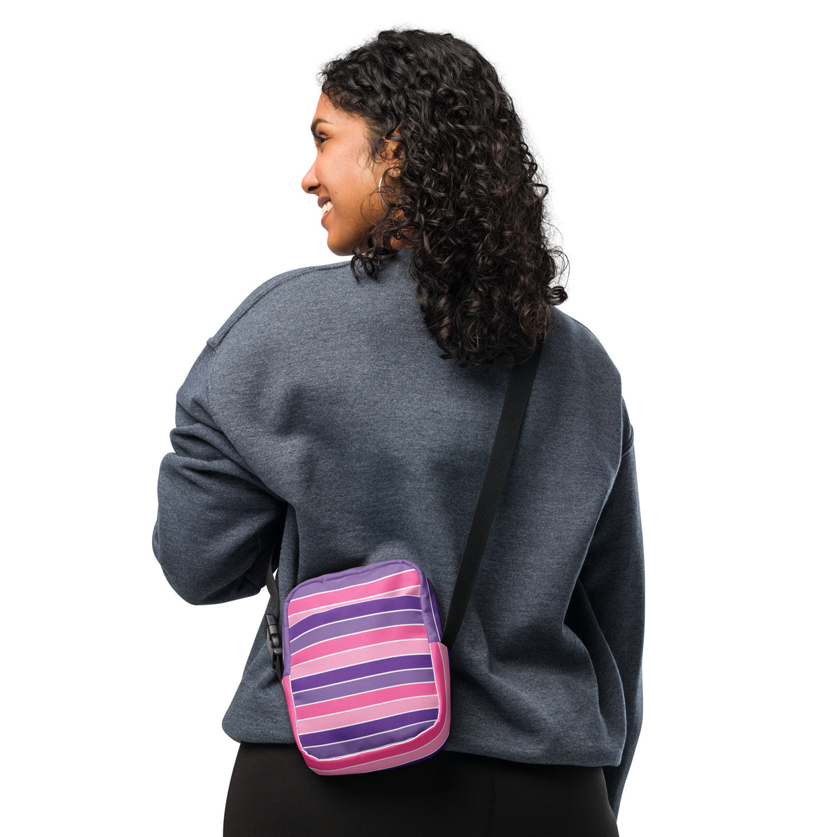 Pink Purple Striped Crossbody Bag – Water Resistant Mini Purse With Adjustable Strap & Pockets