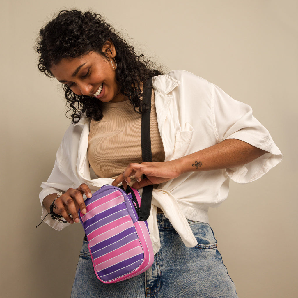 Pink Purple Striped Crossbody Bag – Water Resistant Mini Purse With Adjustable Strap & Pockets