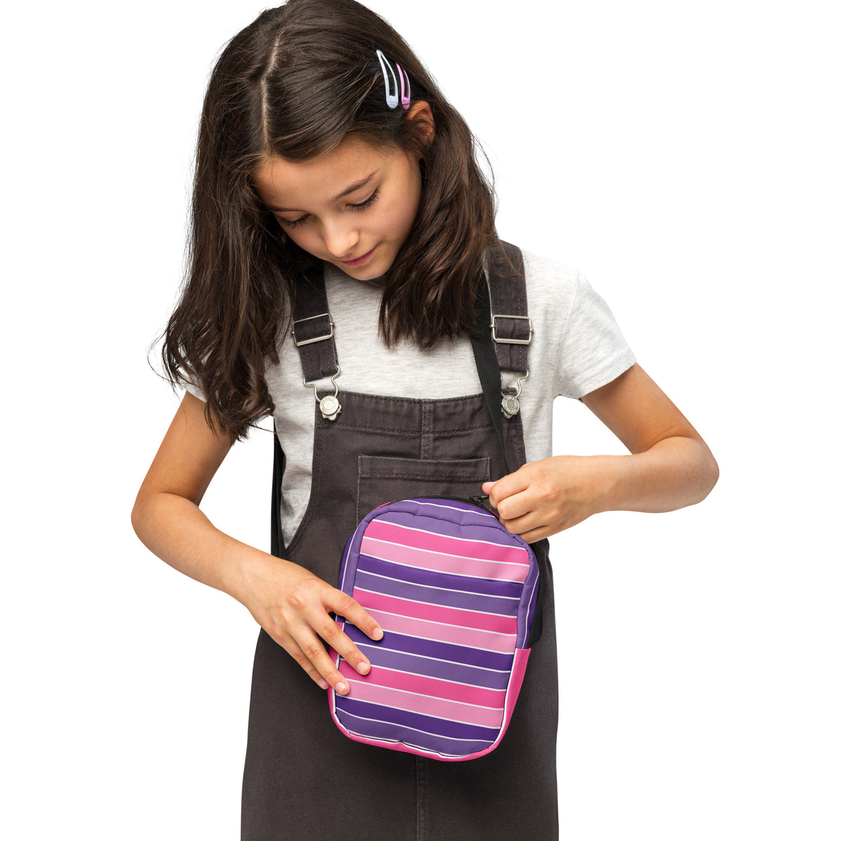 Girls Pink Purple Striped Crossbody Bag – Water Resistant Mini Purse With Adjustable Strap & Pockets