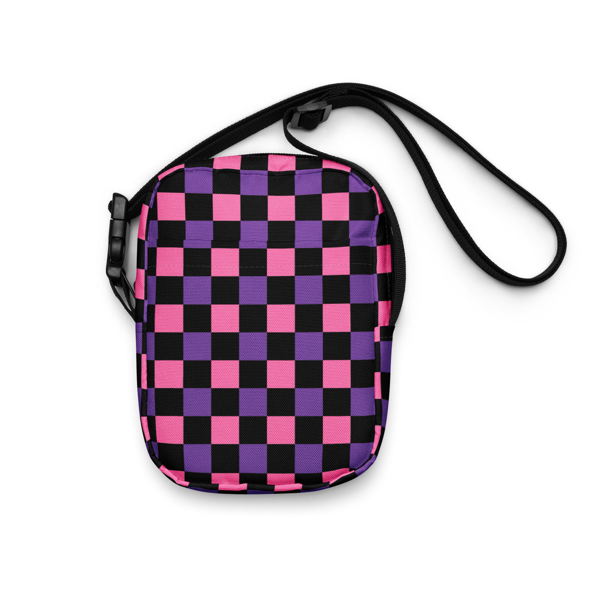 Pink & Purple Checkered Halloween Crossbody Bag – Water Resistant Mini Purse With Adjustable Strap & Pockets