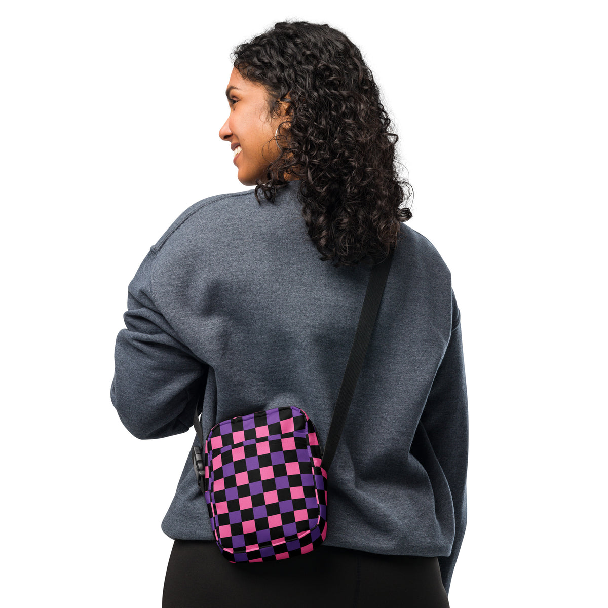 Pink & Purple Checkered Halloween Crossbody Bag – Water Resistant Mini Purse With Adjustable Strap & Pockets