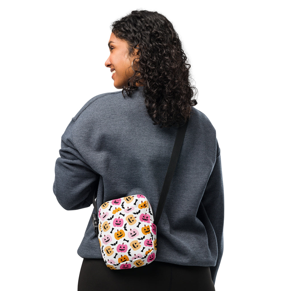 Pink & Orange Pumpkin Halloween Crossbody Bag – Water Resistant Mini Purse With Adjustable Strap & Pockets