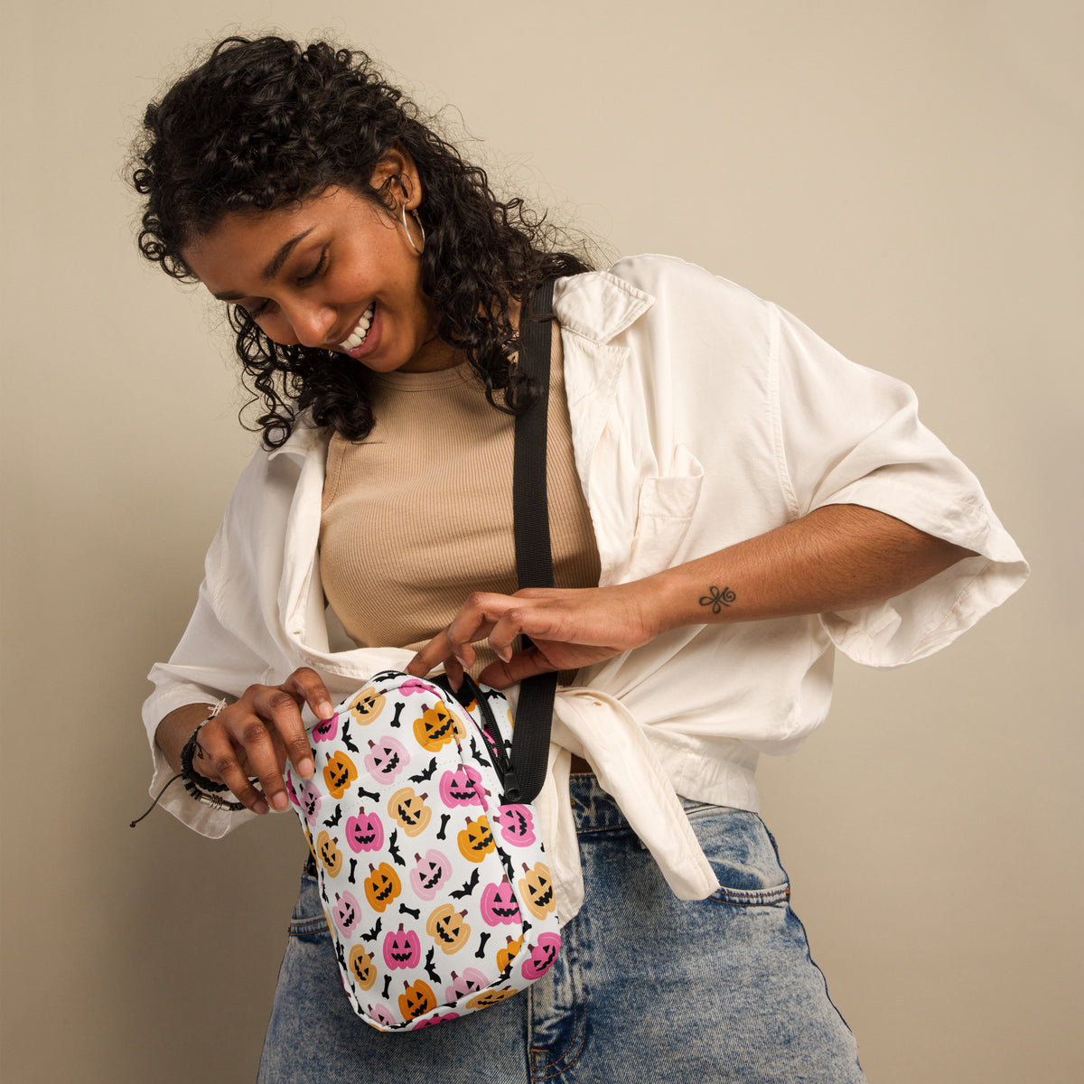 Pink & Orange Pumpkin Halloween Crossbody Bag – Water Resistant Mini Purse With Adjustable Strap & Pockets