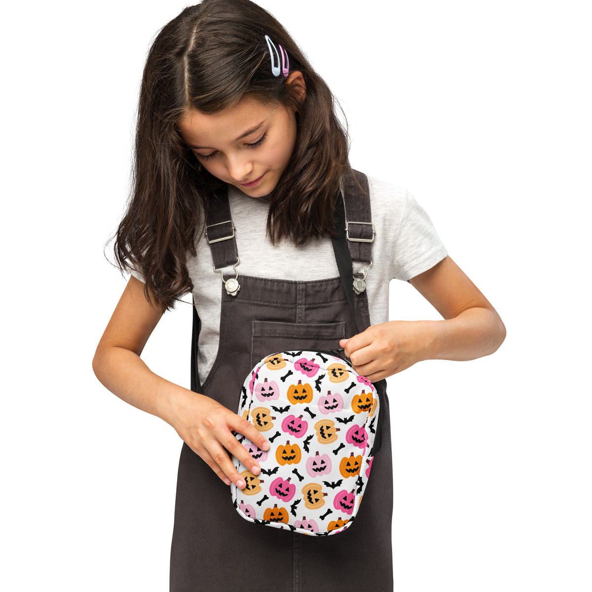 Girls Pink & Orange Pumpkin Halloween Crossbody Bag – Water Resistant Mini Purse With Adjustable Strap & Pockets