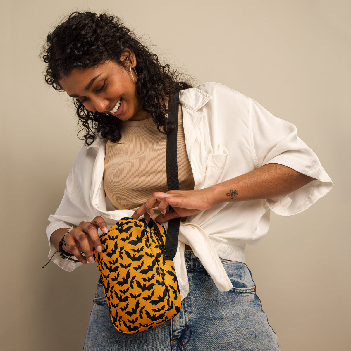 Orange Bats Halloween Crossbody Bag – Water Resistant Mini Purse With Adjustable Strap & Pockets