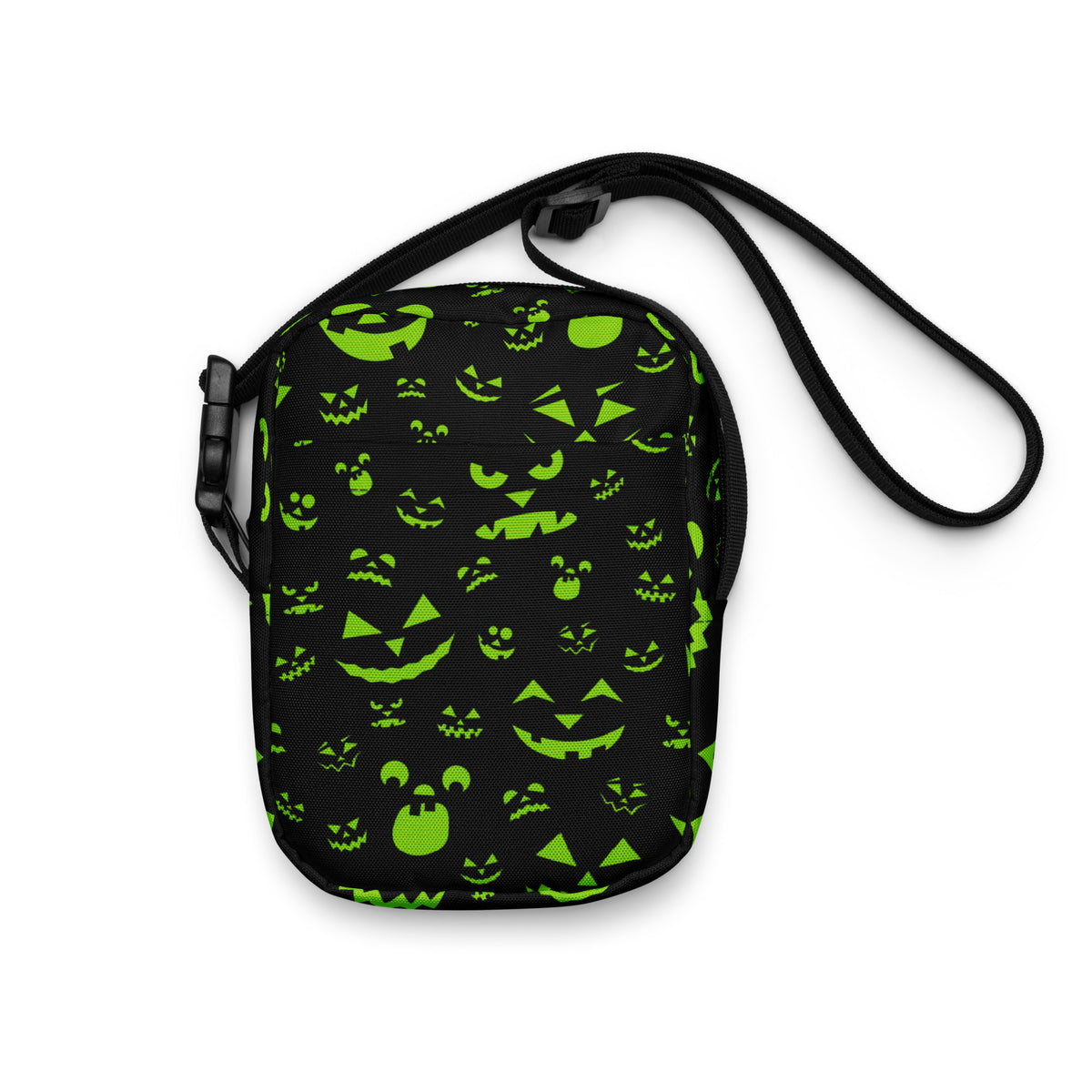 Green Jack O Lantern Faces Halloween Crossbody Bag – Water Resistant Mini Purse With Adjustable Strap & Pockets