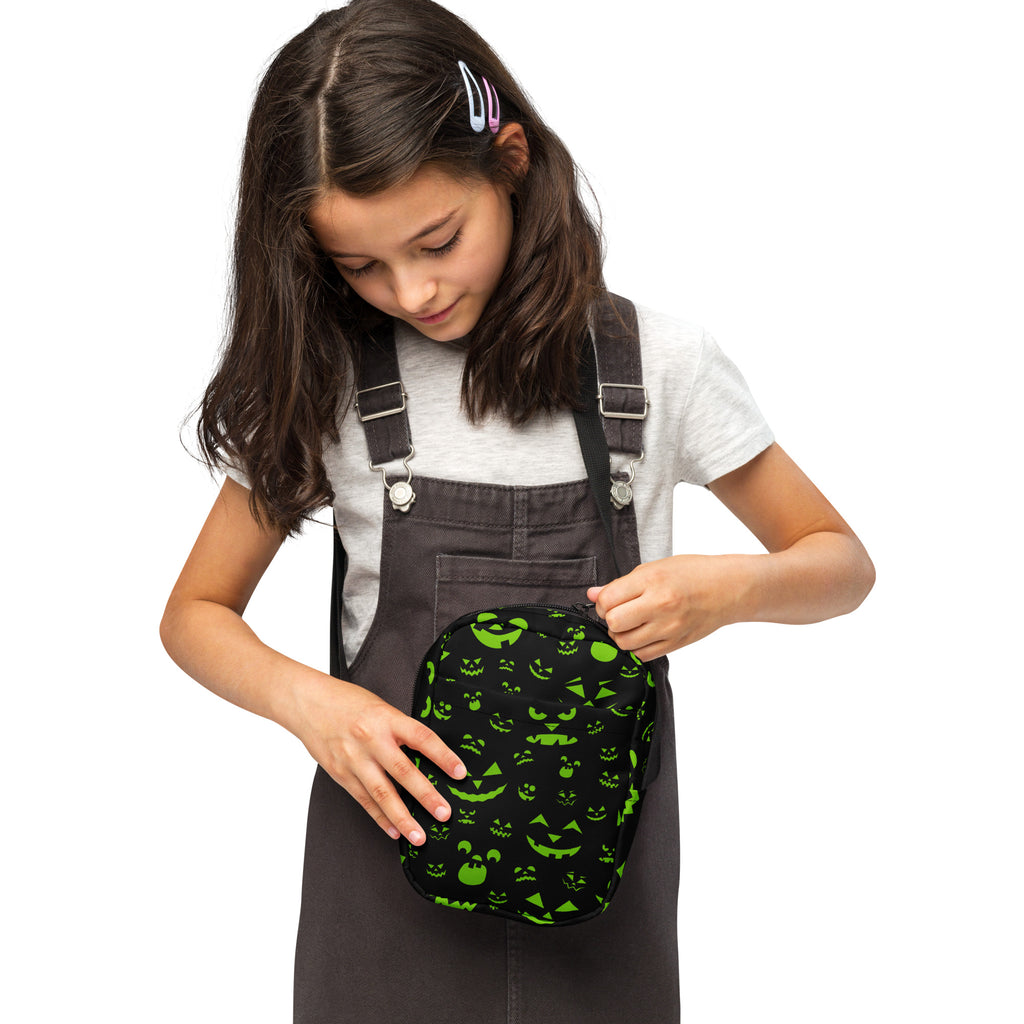 Girls Green Jack O Lantern Faces Halloween Crossbody Bag – Water Resistant Mini Purse With Adjustable Strap & Pockets