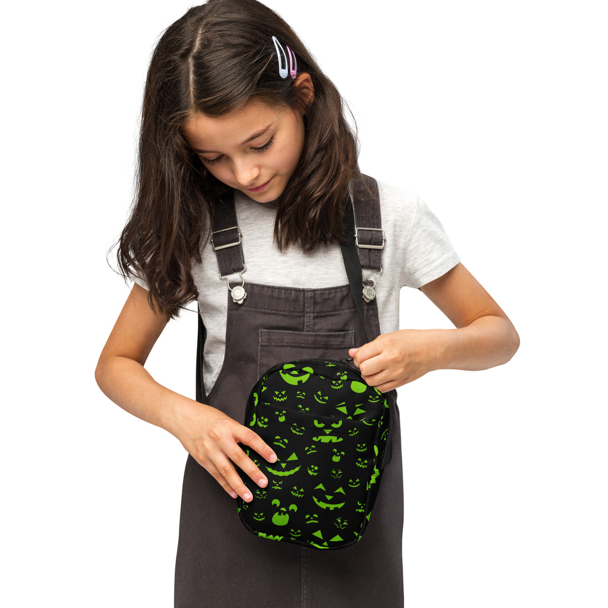 Girls Green Jack O Lantern Faces Halloween Crossbody Bag – Water Resistant Mini Purse With Adjustable Strap & Pockets