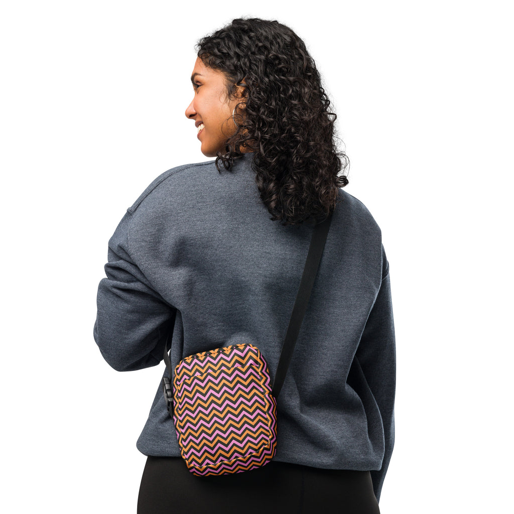 Pink & Orange Chevron Halloween Crossbody Bag – Water Resistant Mini Purse With Adjustable Strap & Pockets