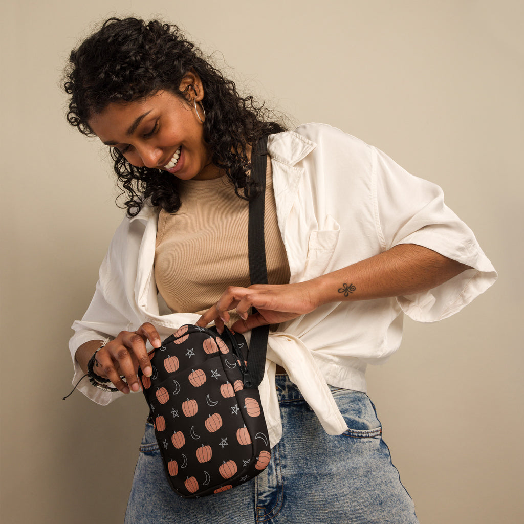Pumpkin Moon & Stars Crossbody Bag – Water Resistant Mini Purse With Adjustable Strap & Pockets