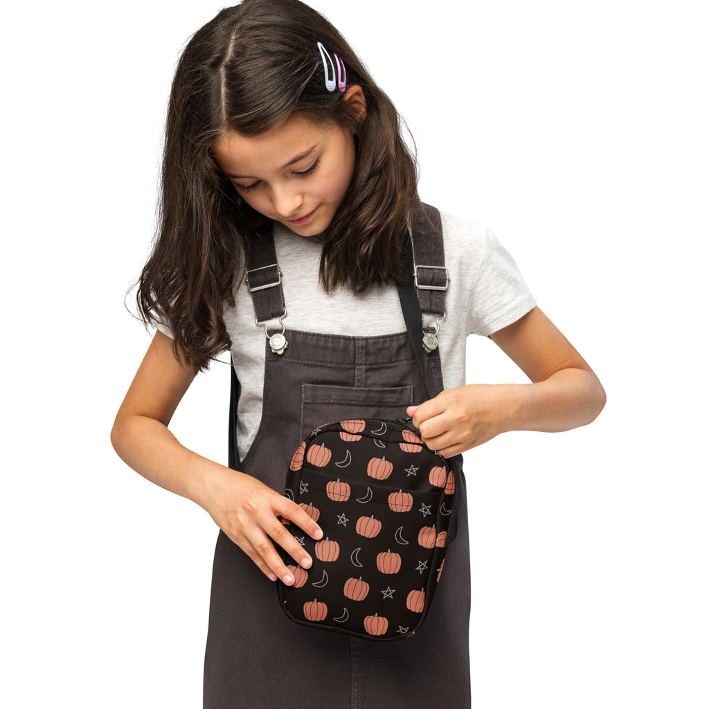 Girls Pumpkin Moon & Stars Crossbody Bag – Water Resistant Mini Purse With Adjustable Strap & Pockets