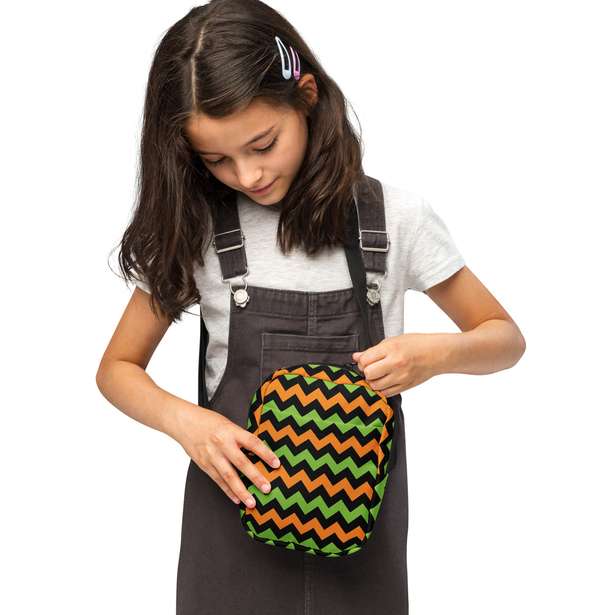 Girls Orange & Green Chevron Halloween Crossbody Bag – Water Resistant Mini Purse With Adjustable Strap & Pockets