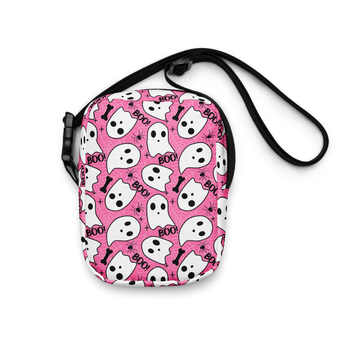 Girls Pink Ghosts & Spiderwebs Halloween Crossbody Bag – Water Resistant Mini Purse With Adjustable Strap & Pockets