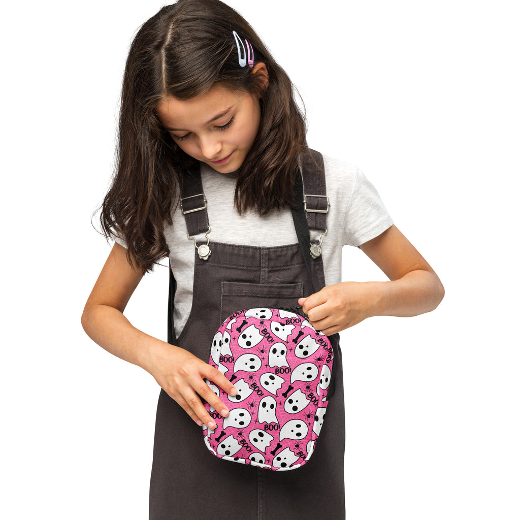 Girls Pink Ghosts & Spiderwebs Halloween Crossbody Bag – Water Resistant Mini Purse With Adjustable Strap & Pockets
