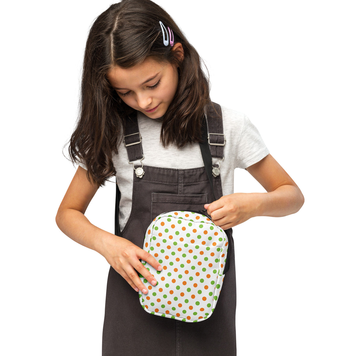 Girls Orange & Green Polka Dot Halloween Crossbody Bag – Water Resistant Mini Purse With Adjustable Strap & Pockets